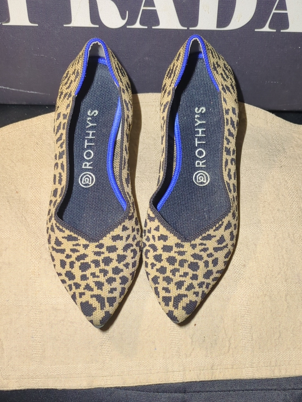 Rothy's Leopard Cheetah-Print Pointed Flats with Blue Trim NOW ONLY $75